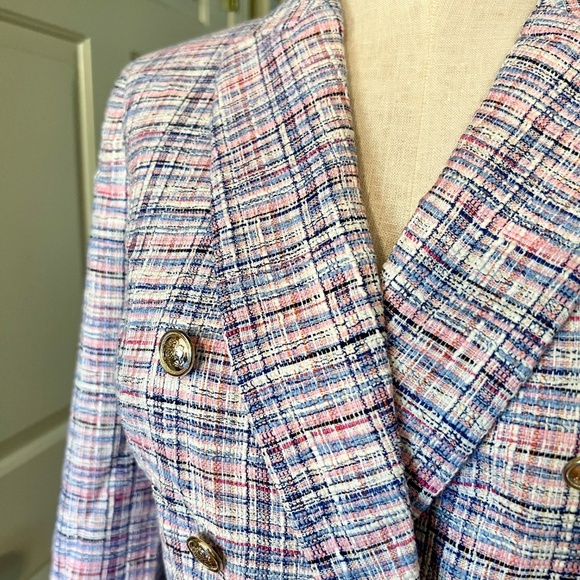 $219 NWT Talbots Multi Pink Blue White Plaid Tweed‎ Blazer Jacket Size 14 - Picture 7 of 8